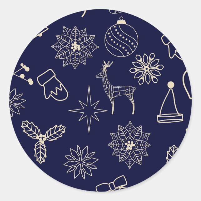 Simple Modern Navy Blue Cute Christmas Pattern Classic Round Sticker (Front)