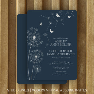 Simple Modern Navy Blue Dandelion Wedding Invitation