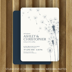 Simple Modern Navy Blue Dandelion Wedding Invitation