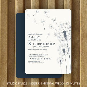 Simple Modern Navy Blue Dandelion Wedding Invitation