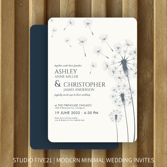 Simple Modern Navy Blue Dandelion Wedding Invitation (Creator Uploaded)