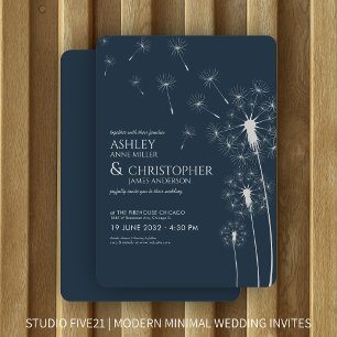 Simple Modern Navy Blue Dandelion Wedding Invitation