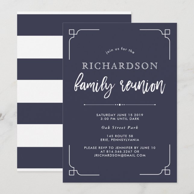 Simple Modern Navy Blue Family Reunion Invitation (Front/Back)