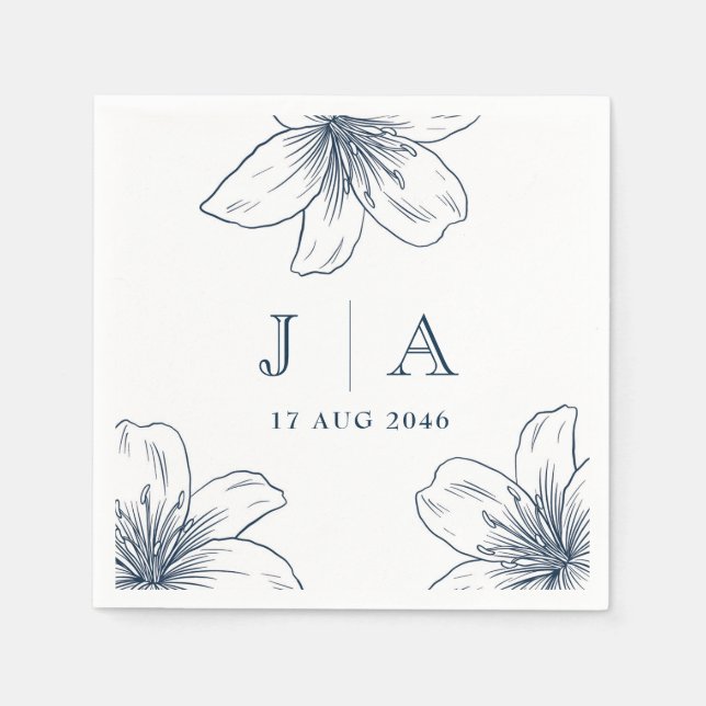 Simple Modern Navy Blue Flower Chic Wedding Napkin (Front)