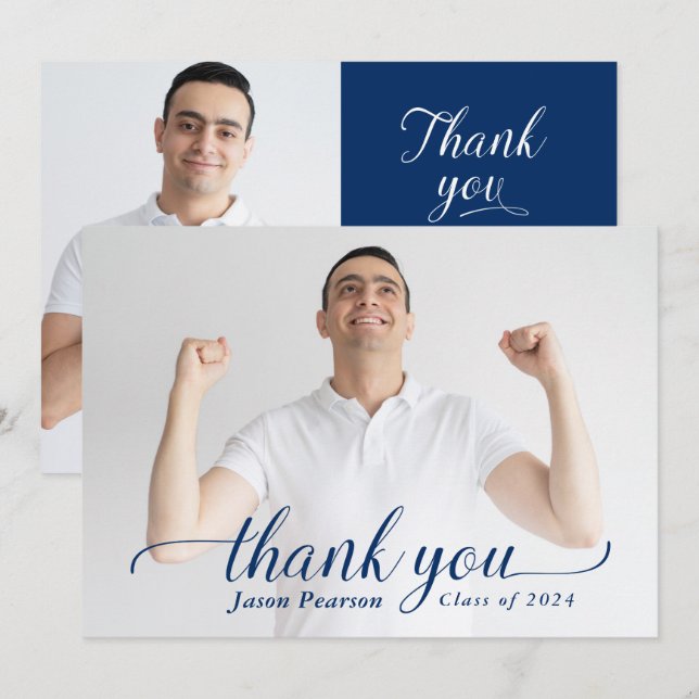 Simple Modern Navy Blue Graduation Thank you Card (Front/Back)