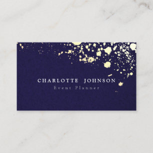 Simple Modern Navy Blue Linen Faux Gold Splatter Business Card