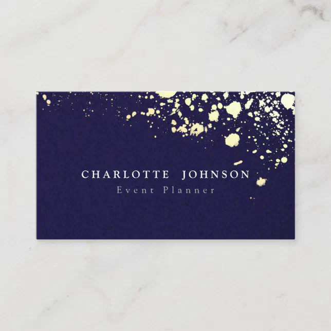 Simple Modern Navy Blue Linen Faux Gold Splatter Business Card | Zazzle