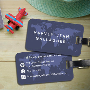 Simple Modern Navy Blue Masculine World Map Travel Luggage Tag