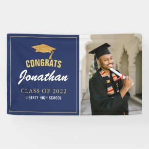 Simple Modern Navy Blue Photo Graduation Banner