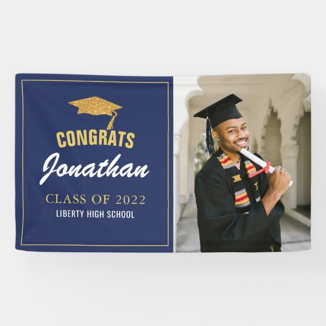 Simple Modern Navy Blue Photo Graduation Banner (Horizontal)