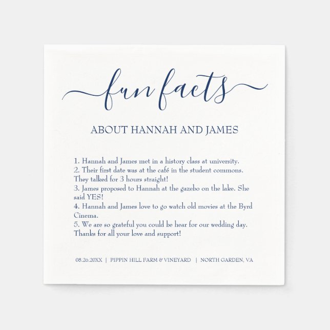 Simple Modern Navy Blue Script Fun Facts Wedding Napkin (Front)