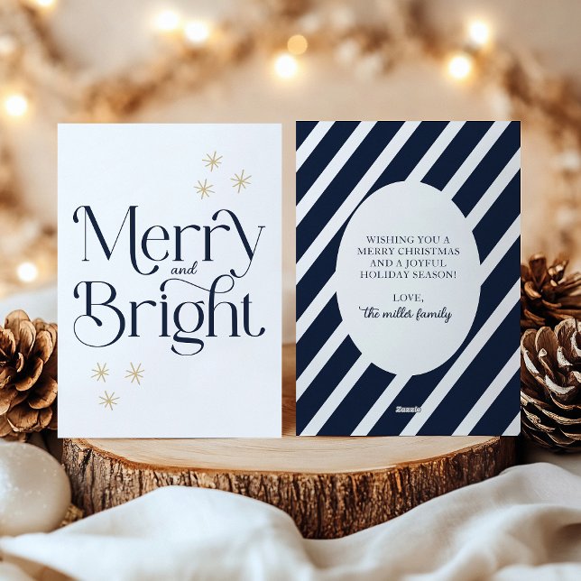 Simple Modern Navy Blue Stripes Merry and Bright Holiday Card (Creator Uploaded)