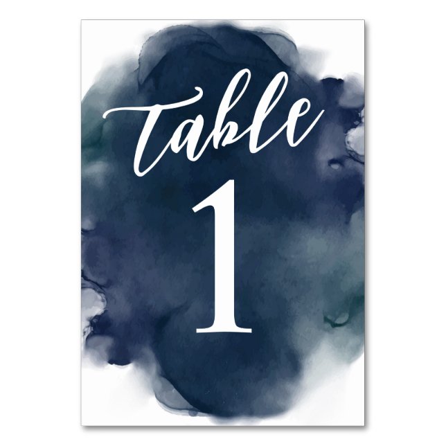 Simple Modern Navy Blue Watercolor Table Number (Front)