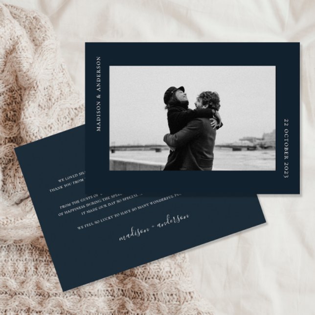 Simple Modern Navy Blue Wedding Romantic Photo Thank You Card (Creator Uploaded)