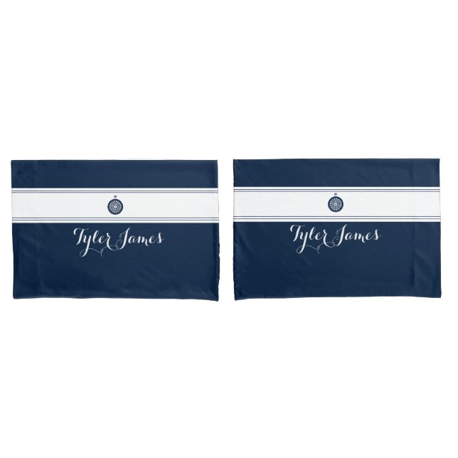 Simple Modern Navy Compass Personalised Script Pillowcase (Front-Set)