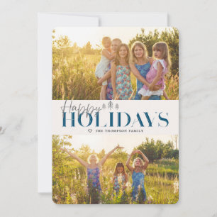 Simple Modern Navy Happy Holidays Two Pictures Holiday Card