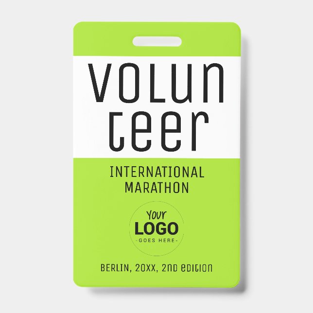 Simple Modern Neon Green Volunteer ID Logo QR Code Badge (Front)