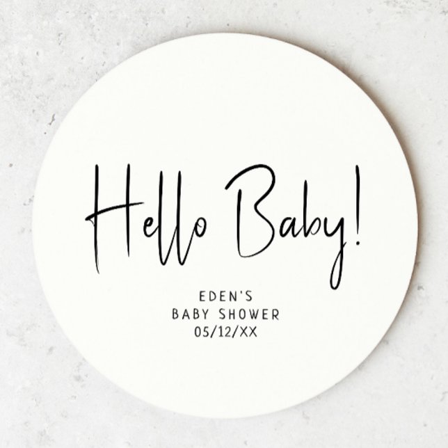 Simple Modern Neutral Baby Shower Hello Baby Round Paper Coaster (Creator Uploaded)
