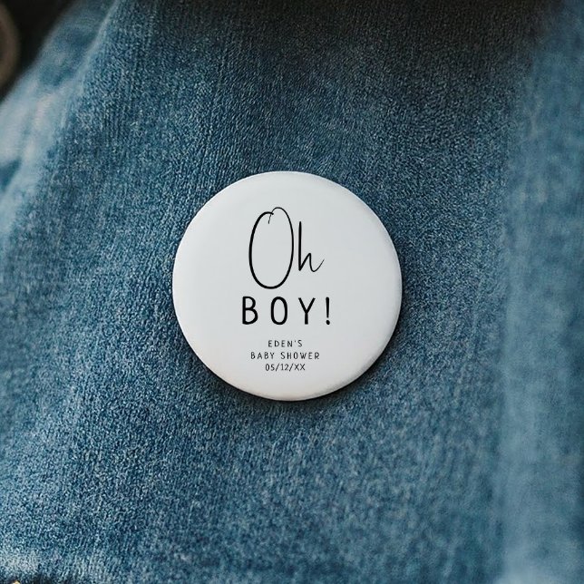 Simple Modern Neutral Baby Shower Oh Boy 6 Cm Round Badge (Creator Uploaded)