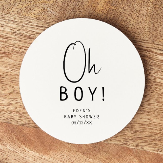 Simple Modern Neutral Baby Shower Oh Boy! Round Paper Coaster (Creator Uploaded)