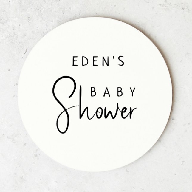 Simple Modern Neutral Baby Shower With Name Round Paper Coaster (Creator Uploaded)