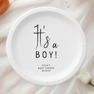 Simple Modern Neutral It's A Boy Baby Shower Paper Plate