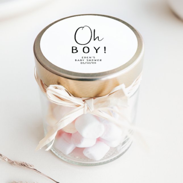 Simple Modern Neutral Oh Boy! Baby Shower Favour Classic Round Sticker (Creator Uploaded)