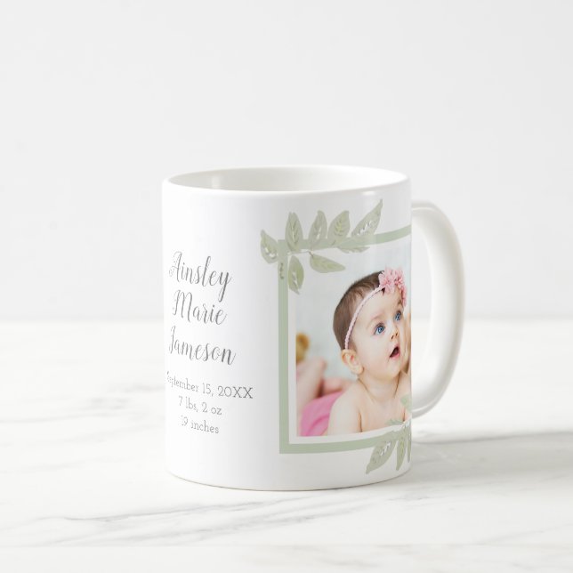 Simple Modern New Baby Girl 2 Photo Birth Stats Coffee Mug (Front Right)