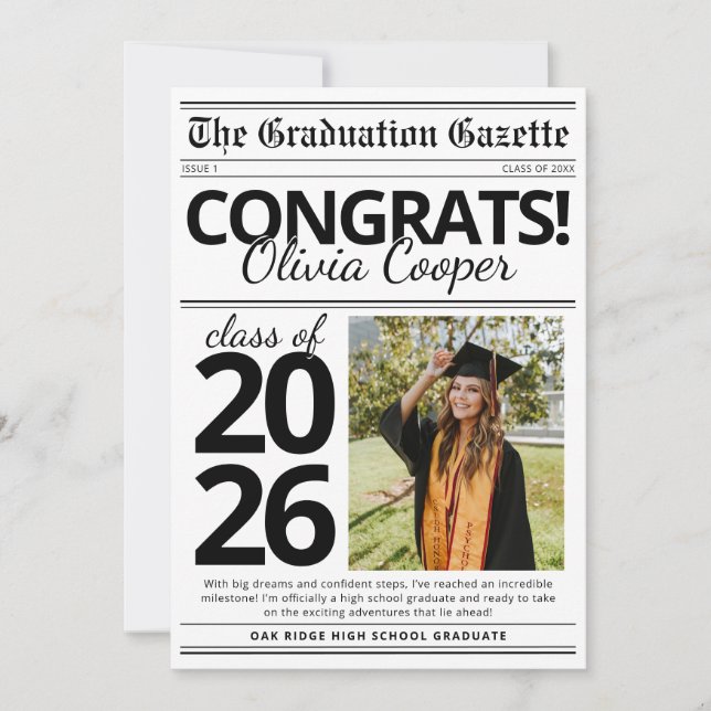 Simple Modern Newspaper Graduation Announcement (Front)