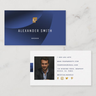 Simple Modern Office Blue Gold Professional Photo Business Card