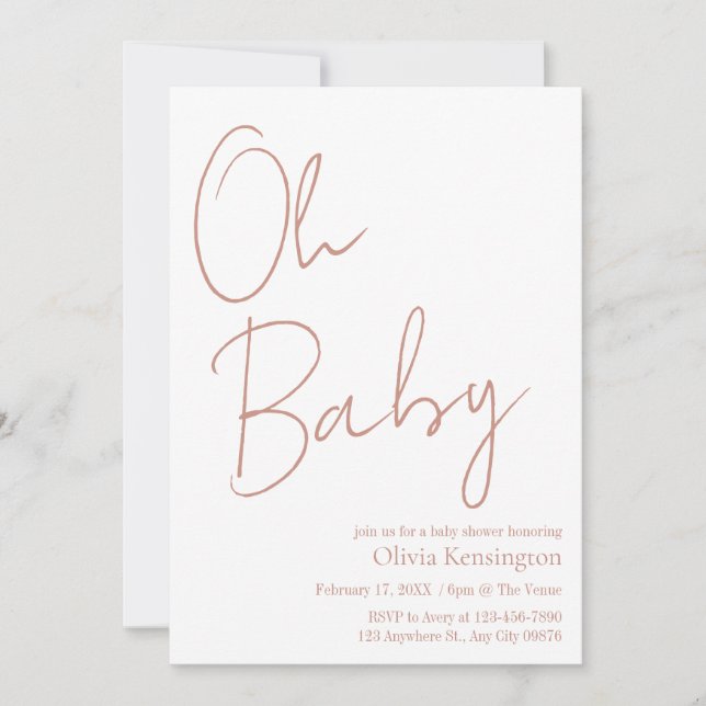 Simple Modern Oh Baby Blush Rose Baby Shower Invitation (Front)