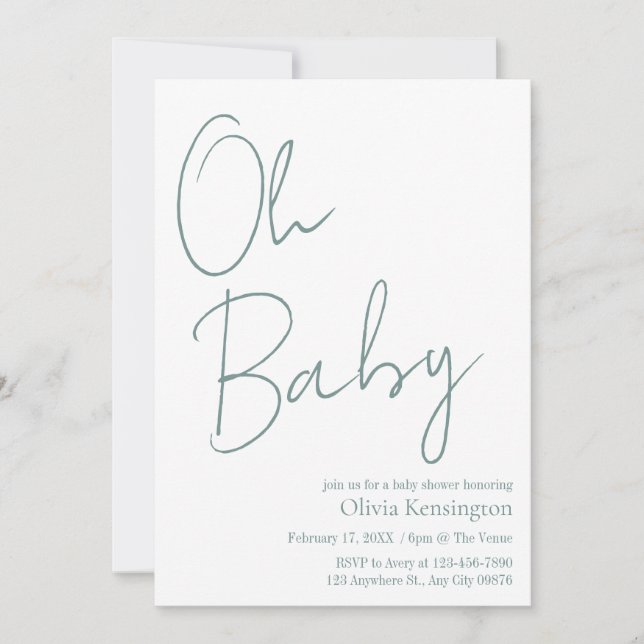 Simple Modern Oh Baby Sage Green Baby Shower Invitation (Front)