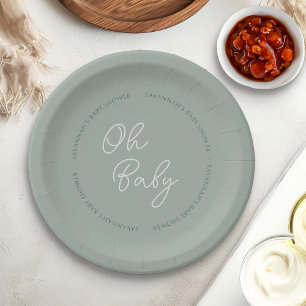 Simple Modern Oh Baby Script Sage Green Shower Paper Plate