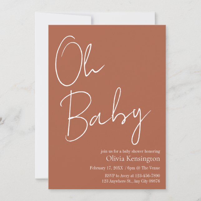 Simple Modern Oh Baby Terracotta Baby Shower Invitation (Front)
