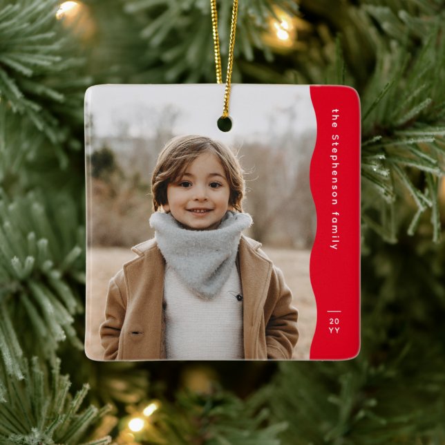 Simple modern one photo wavy edge red Christmas Ceramic Ornament (Tree)