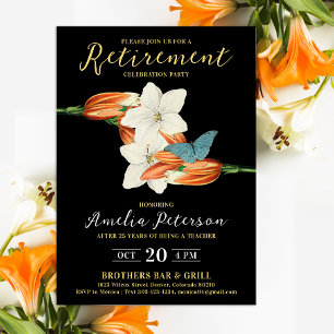 Simple Modern Orange Black Retirement Lily Floral  Invitation
