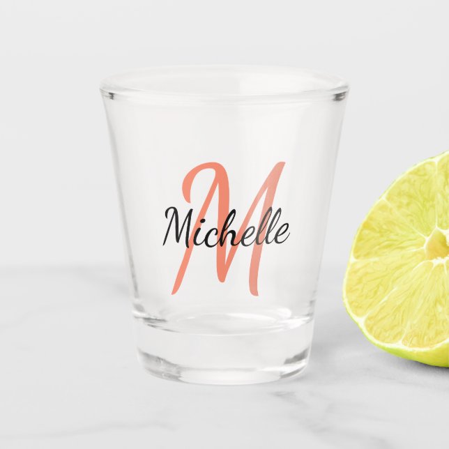 Simple Modern Orange Monogrammed Name + Initial Shot Glass (Front)