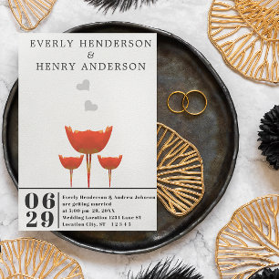 Simple Modern Orange Poppies & Hearts Wedding  Invitation