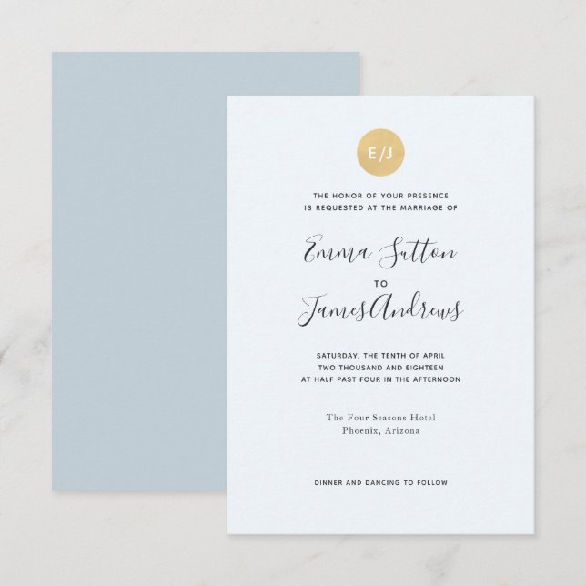 Simple Modern Pale Blue Gold Wedding Invitation (Front/Back)