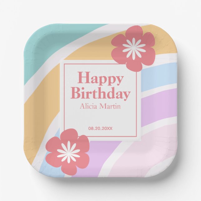 Simple Modern Pastel Rainbow Flower Birthday Paper Plate (Front)
