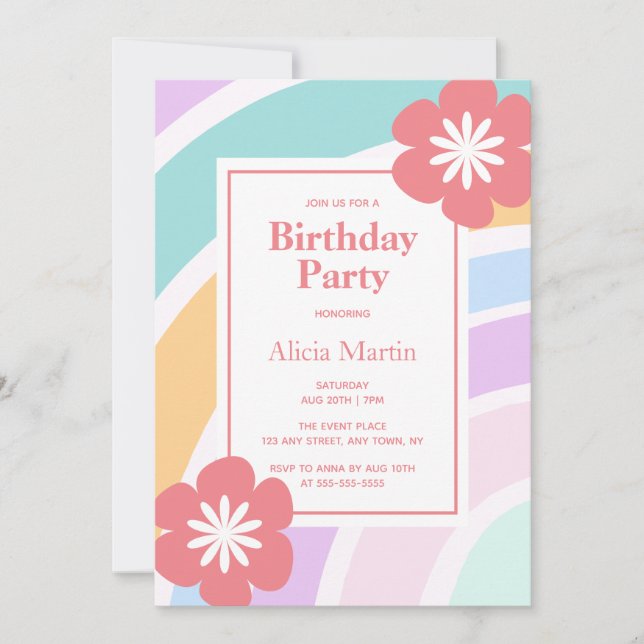 Simple Modern Pastel Rainbow Flower Birthday Party Invitation (Front)