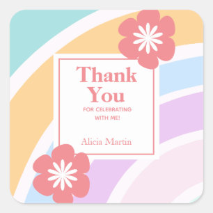Simple Modern Pastel Rainbow Flower Thank You Square Sticker