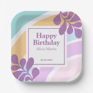 Simple Modern Pastel Rainbow Leaf Birthday Paper Plate