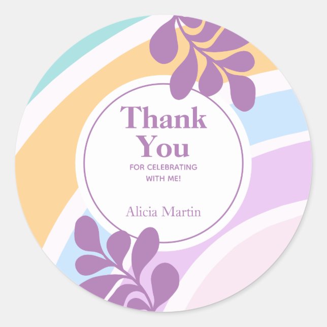 Simple Modern Pastel Rainbow Leaf Thank You Classic Round Sticker (Front)