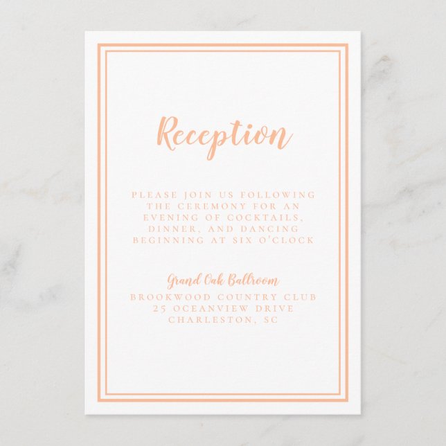 Simple Modern Peach Wedding Reception Traditional Enclosure Card (Front)