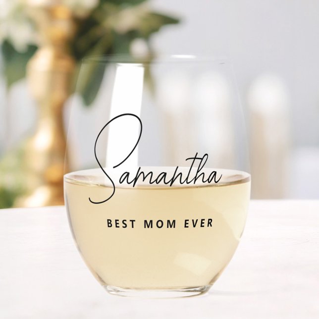 Simple Modern Personalised Best Mum Ever Stemless Wine Glass (Personalized Best Mom Ever Wine Glass, Mother's Day Gift, Mama Mother, Script, Simple Modern Chic)