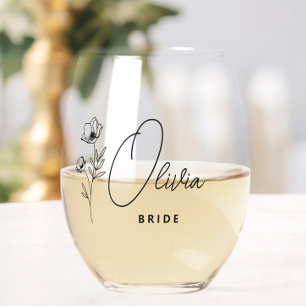 Simple Modern Personalised Bride Floral Stemless Wine Glass