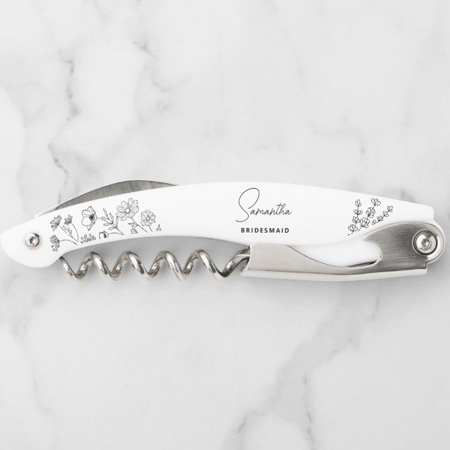Simple Modern Personalised Bridesmaid Floral Corkscrew (Elegant Personalized Wine Corkscrew Opener, Perfect Gift for Bridesmaids, Maid of Honor, Weddings)