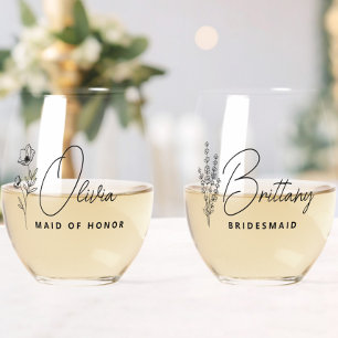 Simple Modern Personalised Bridesmaid Floral Stemless Wine Glass