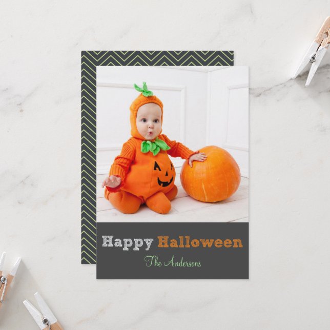 Simple Modern Personalised Halloween Photo Card (Front/Back In Situ)